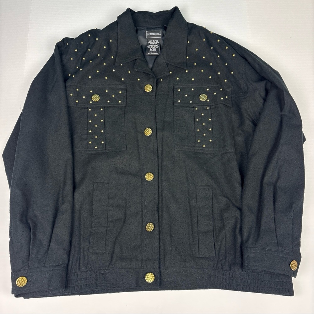 Outbrook Women Medium Jacket Black Gold Studded Big Button Silk Lightweight